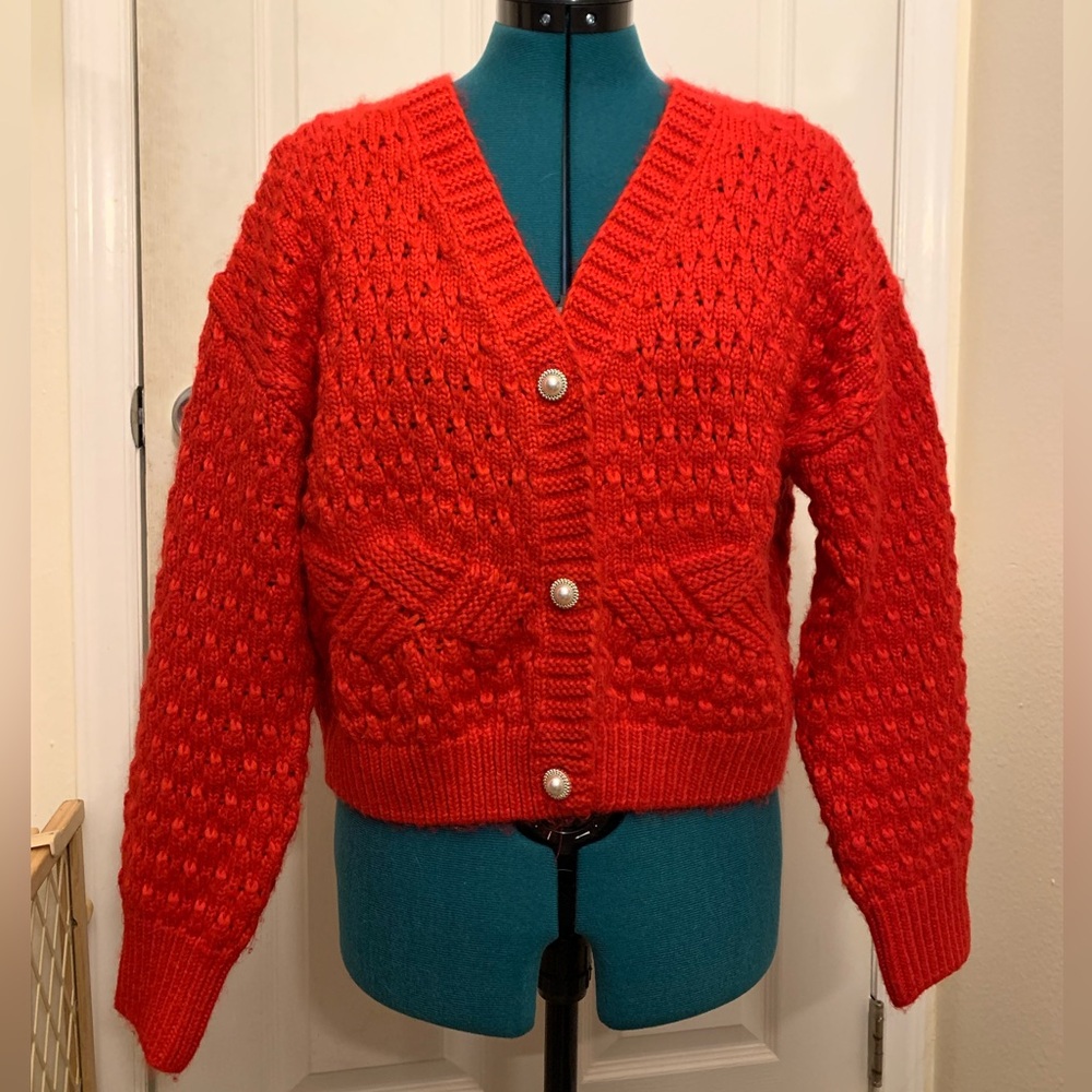 Red Button Up Cropped Cardigan